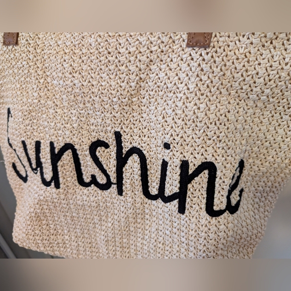 Cream and Brown Woven Tote Bag with Faux Leather Straps 'Sunshine' Zip Closure - Picture 2 of 7